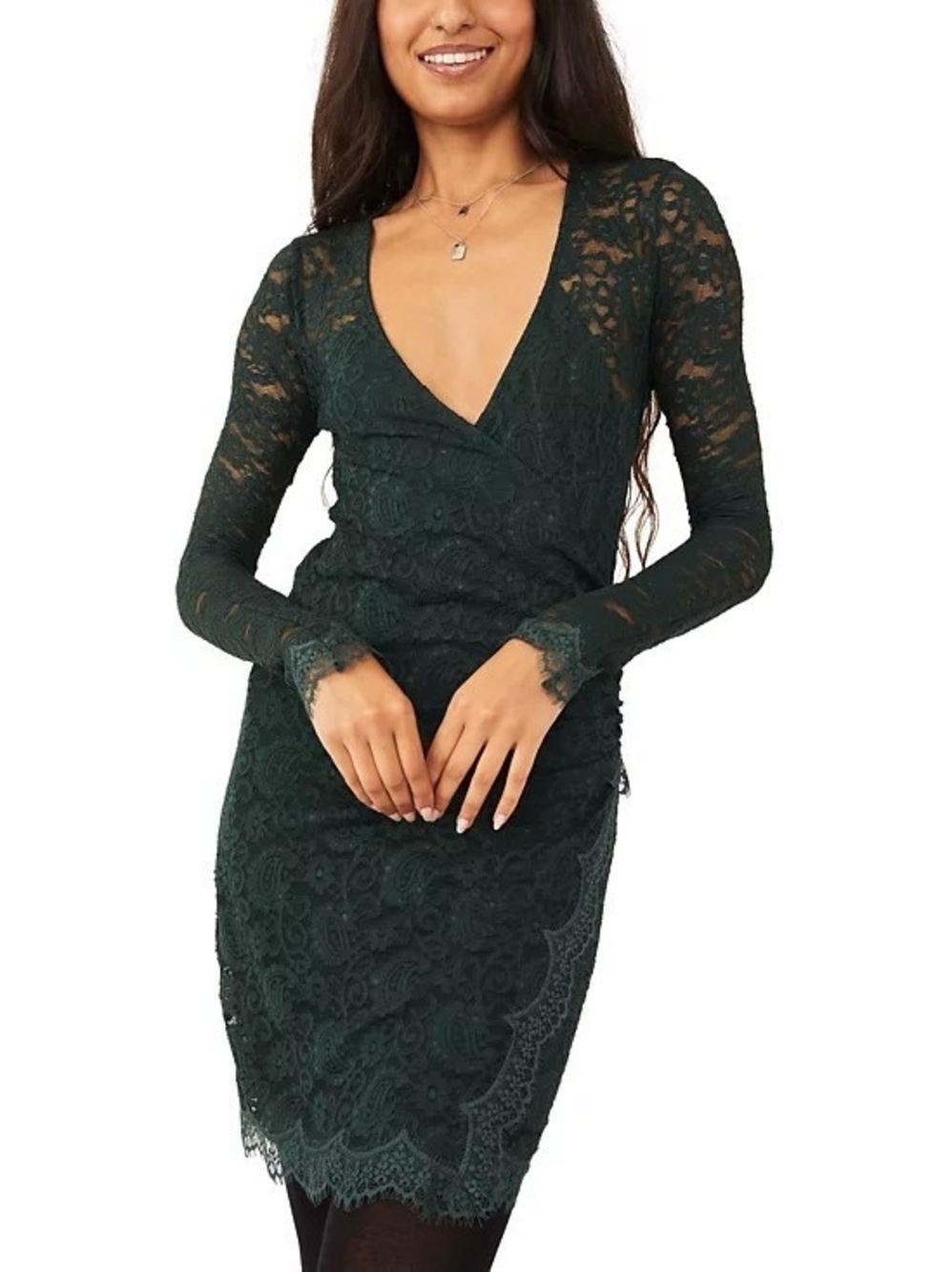 Free People Size Pearl Lace Mini Dress in Deepest Spruce Green Long Sleeve NWT